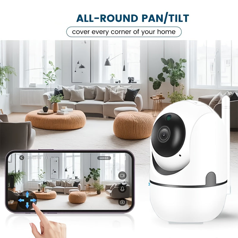 WiFi-enabled home security camera with 1080p resolution, infrared night vision, motion detection alerts, two-way audio, wireless surveillance capabilities, USB power option, and pan/tilt control. Compatible with mobile devices (SD card not included).