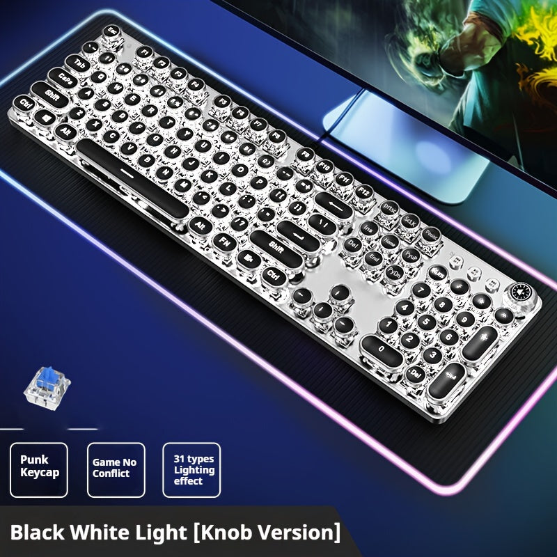 EWEADN Steampunk Mechanical Gaming Keyboard - Full Size with 104 Keys, Metal Panel, LED Backlit, USB Wired, Multimedia Knob, Black Switches, Ideal for Gamers and Office Use.