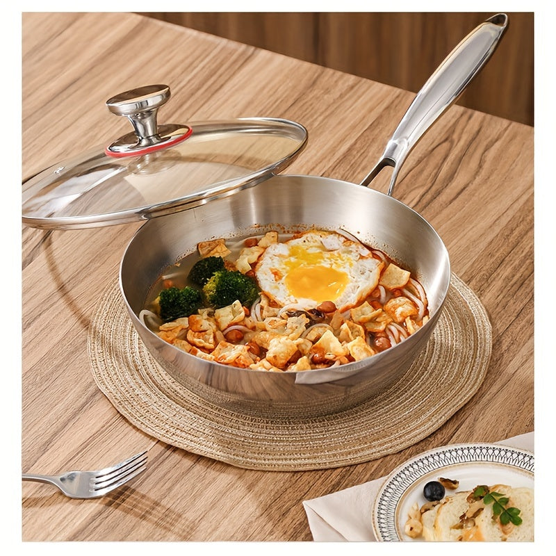 Stainless Steel Frying Pan Set in Three Sizes (24.13cm, 25.91cm, 27.94cm) - Strong and Long-Lasting Triple-Layer Construction with Heat-Resistant Handle & Shatterproof Glass Lid - Ideal for Use on Any Stovetop