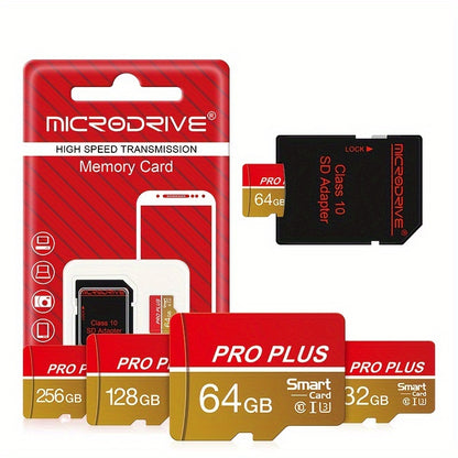 MICRODRIVE High-Speed Memory Card in Red & Gold, U3 Class 10, 8GB to 256GB, with SD Adapter. Perfect for Phones, Tablets, Cameras. Expands Device Memory. Gold Accents, Durable Design.