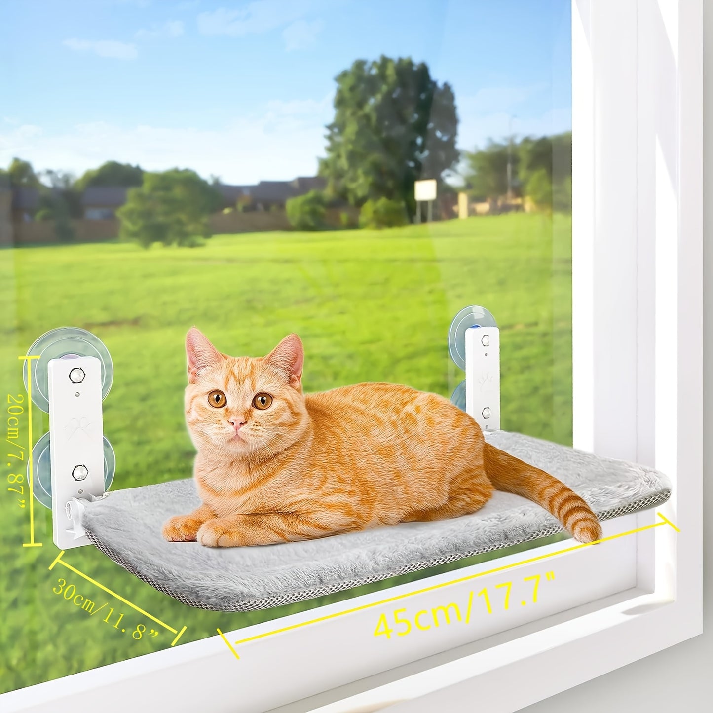 Foldable cat window perch hammock with steel frame and suction cups - reversible and easy-to-assemble indoor cat bed for sunbathing and birdwatching in grey.