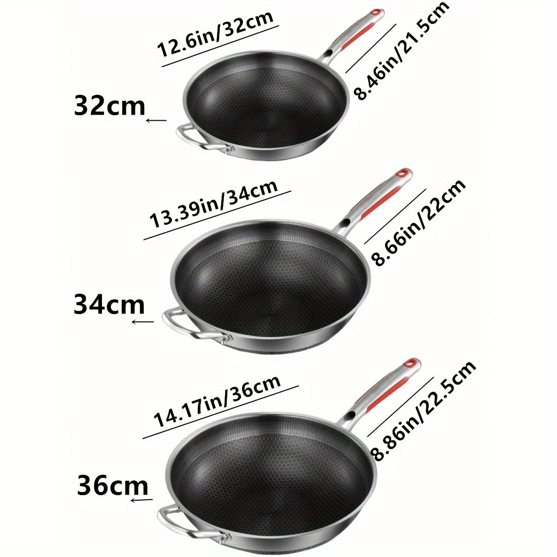 Stainless steel frying pan perfect for outdoor camping and use on gas stove or induction cooker. This non-stick pan is ideal for frying steak, eggs, and fish. The kitchen honeycomb design ensures even cooking. Available in 32cm, 34cm, and 36cm sizes with