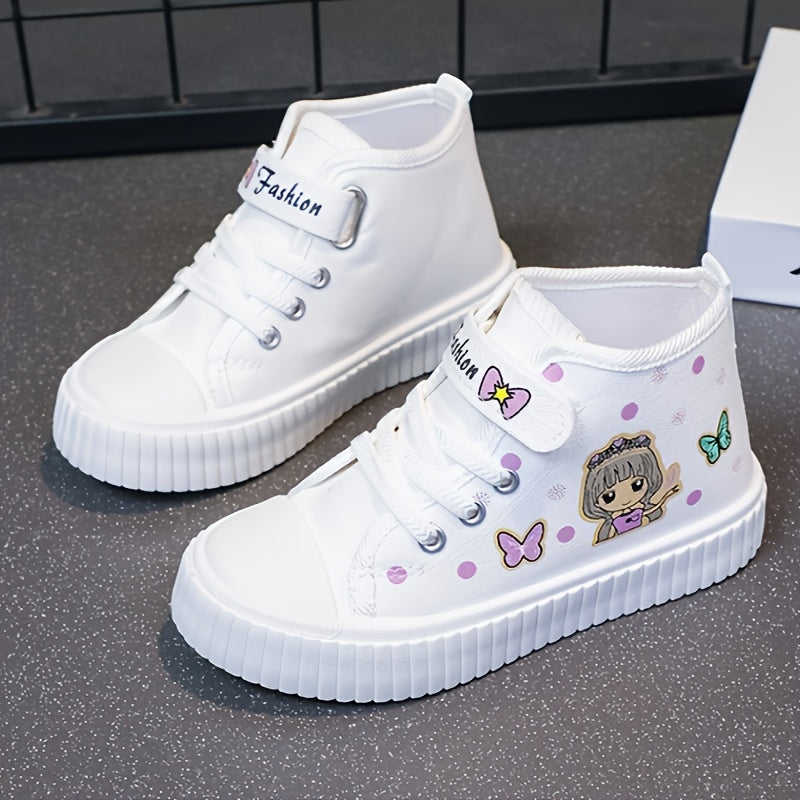 Cute high-top canvas shoes for girls featuring cartoon character, durable sole, and breathable design - perfect for everyday wear in spring and autumn.