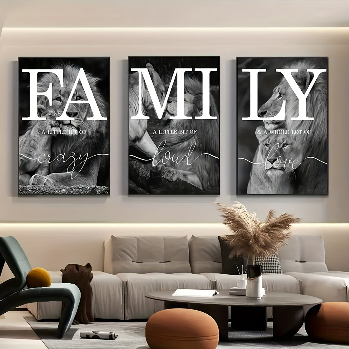 Unframed canvas poster featuring modern black and white lion family quote. Perfect gift for any room, ideal for winter decor and room decoration.