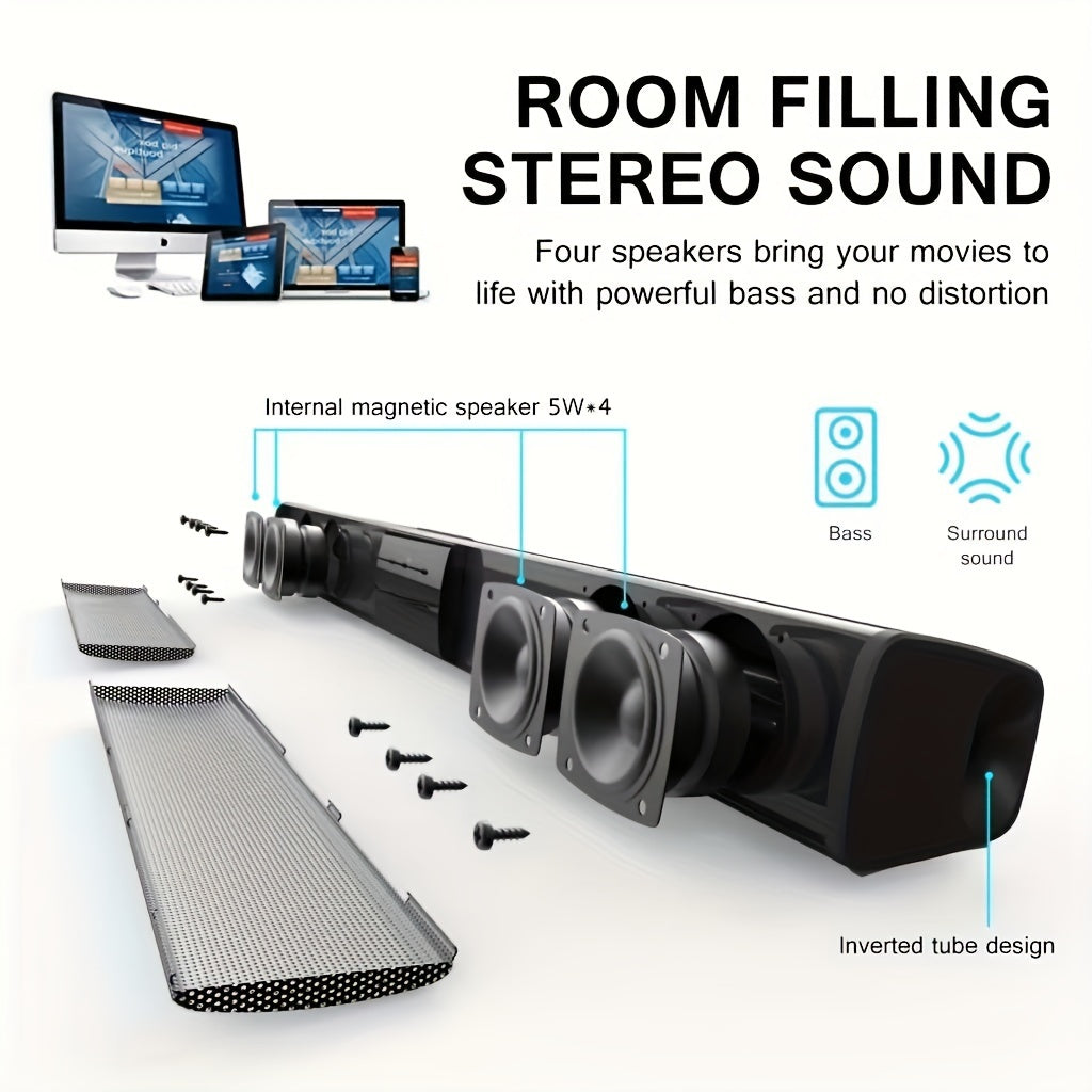 Wireless soundbar with built-in subwoofers and stereo speakers for use with computers, smartphones, and tablets, featuring button control and USB charging.