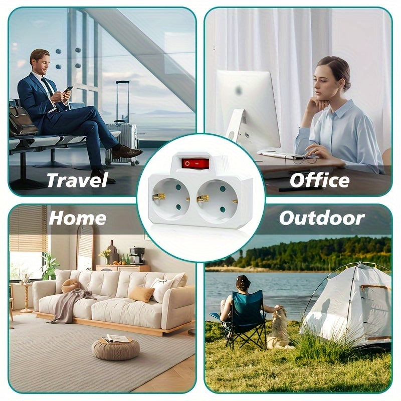 2 European standard outlet adapters with on/off switch, compact design, surge protection, 250V/16A - perfect for travel, home, office, and outdoor use.