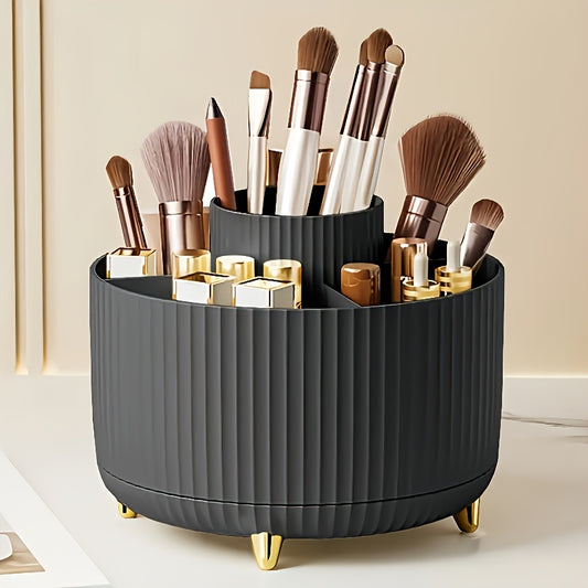 High-end rotating makeup organizer with 5 compartments made of durable plastic. Ideal for storing brushes, lipsticks, and other items. Easy to install with a polished finish.