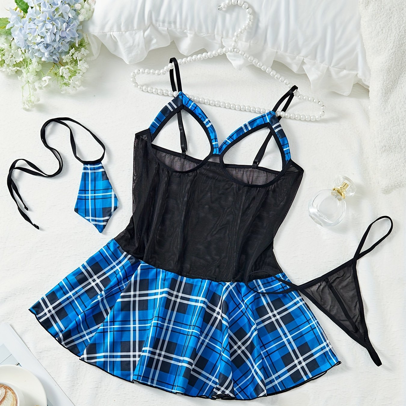 Plaid lace bodysuit set with skirt and garter belt - adult novelty wear