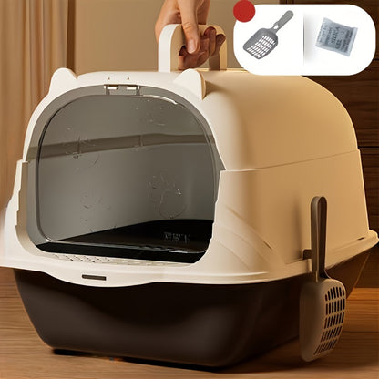 Enclosed large cat litter pan with scoop, liner, and odor resistant materials. Easy-to-clean and fully enclosed cat litter box. Dimensions: 36*50*34cm.