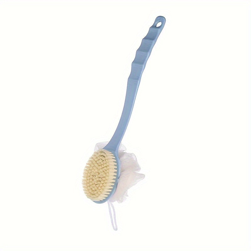 Long-handled back scrubber with soft bristles and bath ball for bathing.