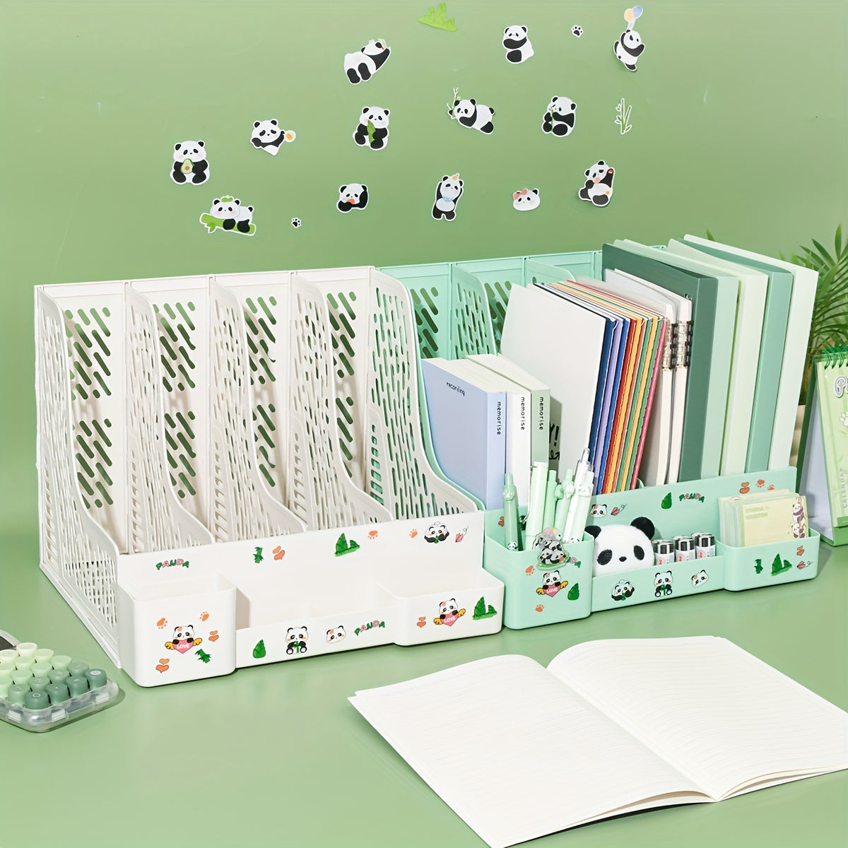 Desktop file organizer with panda theme, 4 slots and detachable tiered shelves for office storage. Made of PP material.