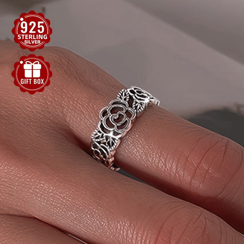 Retro sterling silver ring featuring a hollow rose flower design with an ethnic flair, perfect for literary-inspired ladies looking to add a unique touch to their daily or party outfits. Lightweight at about 2.5g.