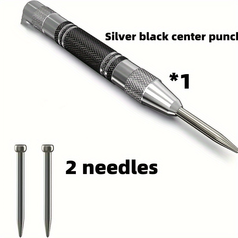 Heavy duty automatic center punch with 2 extra bits, adjustable tension, and rustproof polished steel construction. Suitable for metal, wood, glass, and ferrous materials.