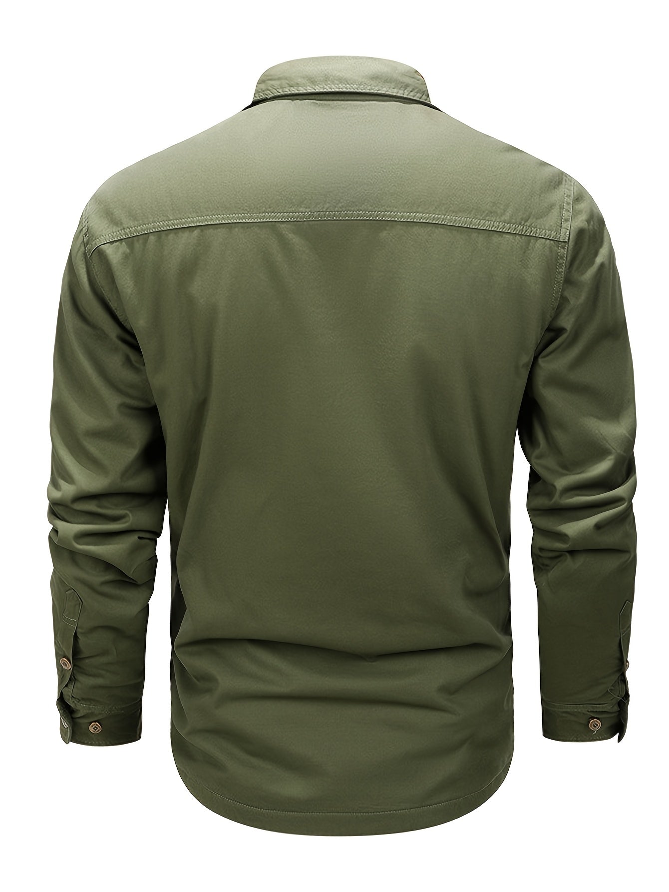 Men's Military Green Long-Sleeve Button-Up Collared Shirt with Cargo Pockets, Solid Color Retro Style, Elastic Casual Camping Outdoor Activity Shirt, Workwear, Pocket Shirt --> Men's