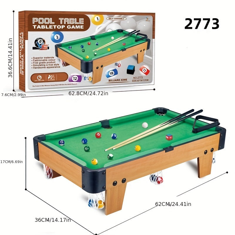 3 sizes of self-assembled pool tables with cues and 15 balls. Ideal for multiple players, made with a wooden frame for indoor fun.