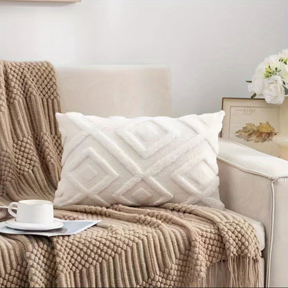 Cream white Bohemian faux fur pillow cover with geometric pattern, zipper closure, soft and fluffy, ideal for sofa, bedroom, and car decor. Does not include pillow insert.