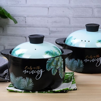 Banana Leaf Design Ceramic Casserole - 67.62oz, High-Temperature Resistant, Induction Compatible, Large Capacity for Soups & Stews - Ideal for Home Cooking, Restaurants, and Outdoor Events.