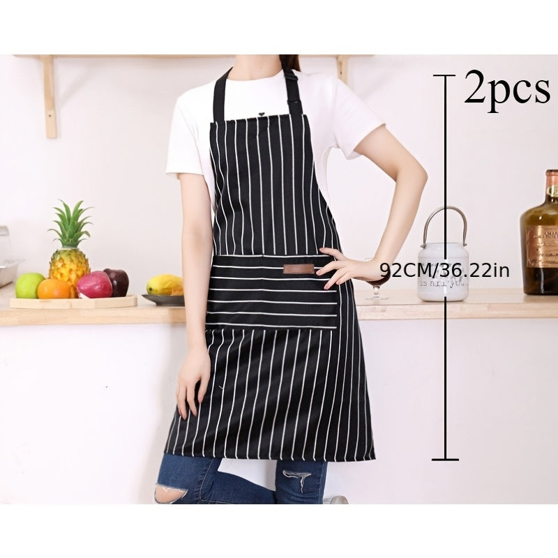 One or two adjustable aprons in a stylish black and white striped design, featuring a convenient pocket for both women and men in the home kitchen. Perfect for cooking, these chef aprons are essential kitchen supplies.