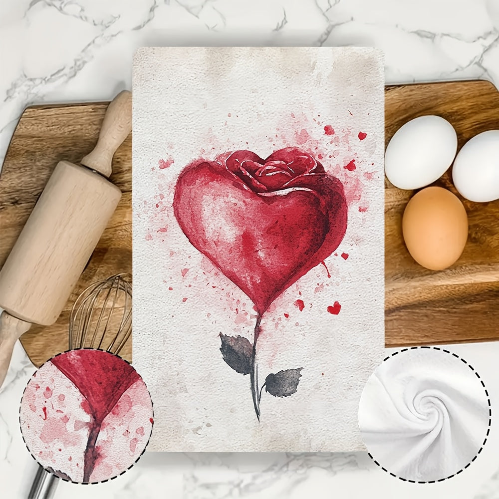 Valentine's Day-themed Kitchen Towels - Set of 2, Ultra Soft with Heart & Rose Design, Highly Absorbent, Machine Washable, 40.64x60.96 cm - Ideal for Romantic Home Decor and Dish Drying.