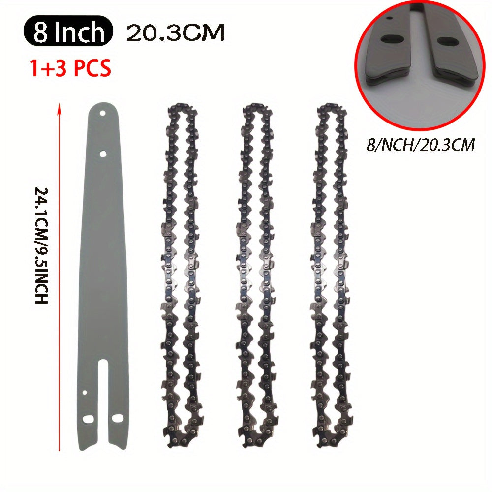 Chainsaw guide bar chain set for mini electric chainsaw, for wood cutting. Includes 4/6/8 inches chains and 1/4''P chain.