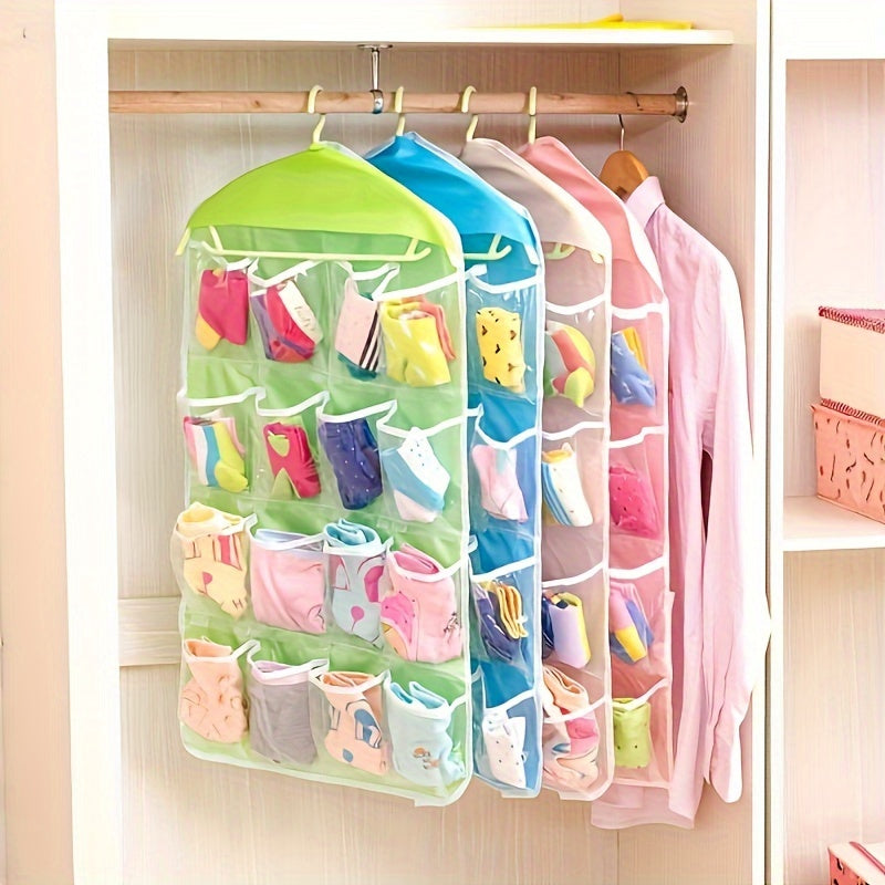 16-pocket hanging organizer made of durable polyester with transparent mesh pockets for clothes, socks, and underwear. Space-saving solution for bedroom, closet, or dorm organization.