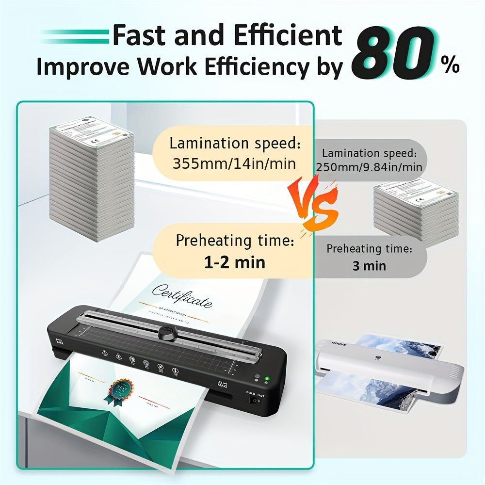 Quickly heat A3 laminator with EU plug, includes 50 pouches and features cold & thermal options, built-in slicer & corner rounder for office, school, or home use.