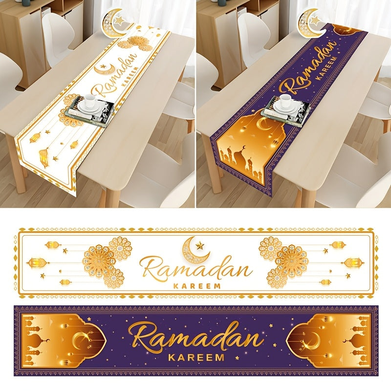 Polyester Ramadan table runner and flag featuring Eid Mubarak designs, perfect for home decorations and gifts during Ramadan and Eid Al-Fitr celebrations. Ideal for Islamic Muslim party