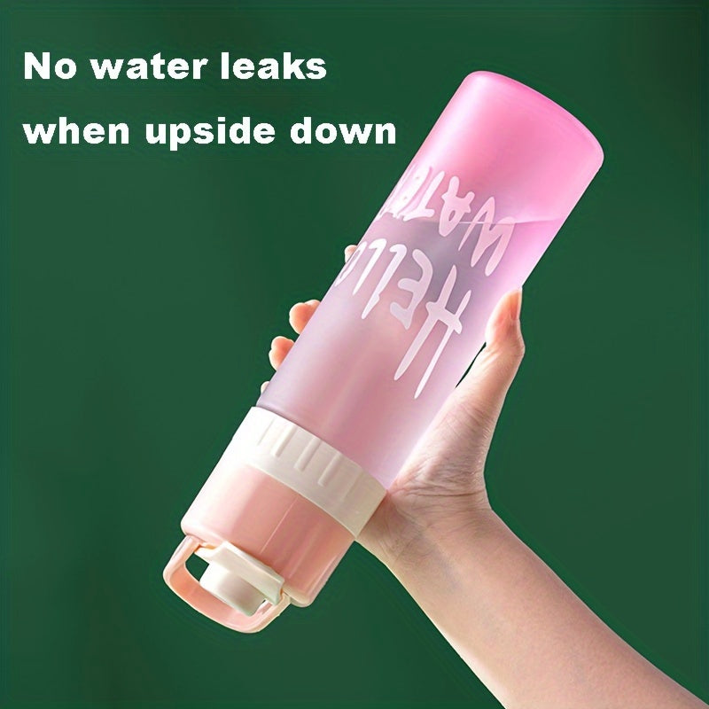 Large capacity gradient sports water bottle with spray function, made of durable PP, essential for summer cooling. Available in blue, green, or pink with "HELLO WATER" motif.