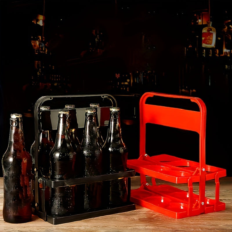 Portable collapsible plastic beer carrier for 6 bottles, ideal for bars, picnics, restaurants, and catering.