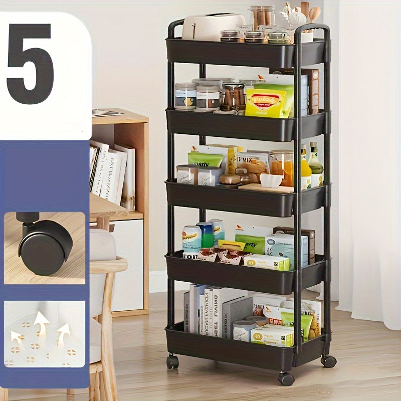 1-piece Utility Cart Rack with Wheels, Heavy-Duty Plastic Shelving, Multi-Purpose Floor-Standing Organizer for Kitchen, Bedroom, Bathroom, Living Room Storage