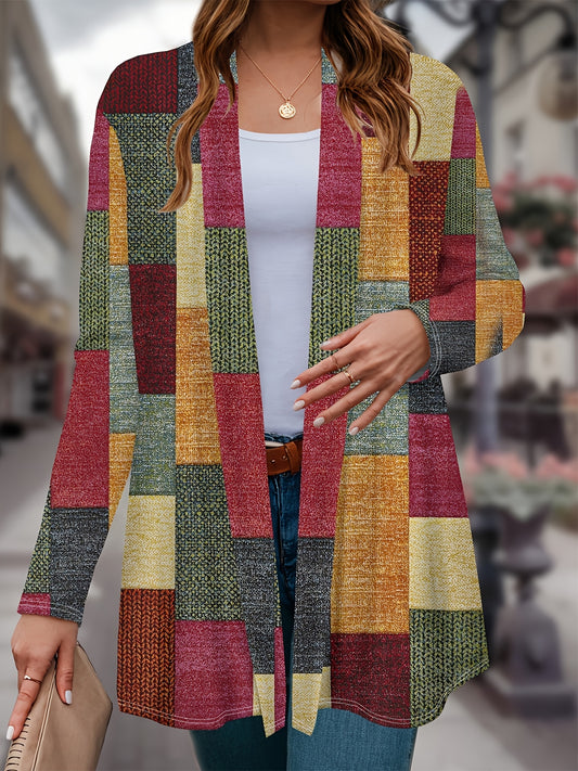 Plus-size casual cardigan for women with long sleeves, lapel collar, patchwork 3D print, slight stretch, 180g/m² fabric weight, suitable for spring/fall season.