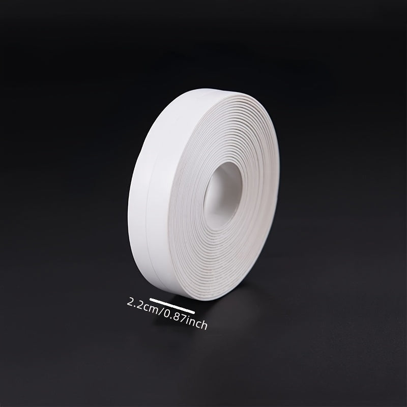 Waterproof caulk tape for bathroom and toilet, self-adhesive strip for bathtub, sink, and wall edge protection, white PVC.