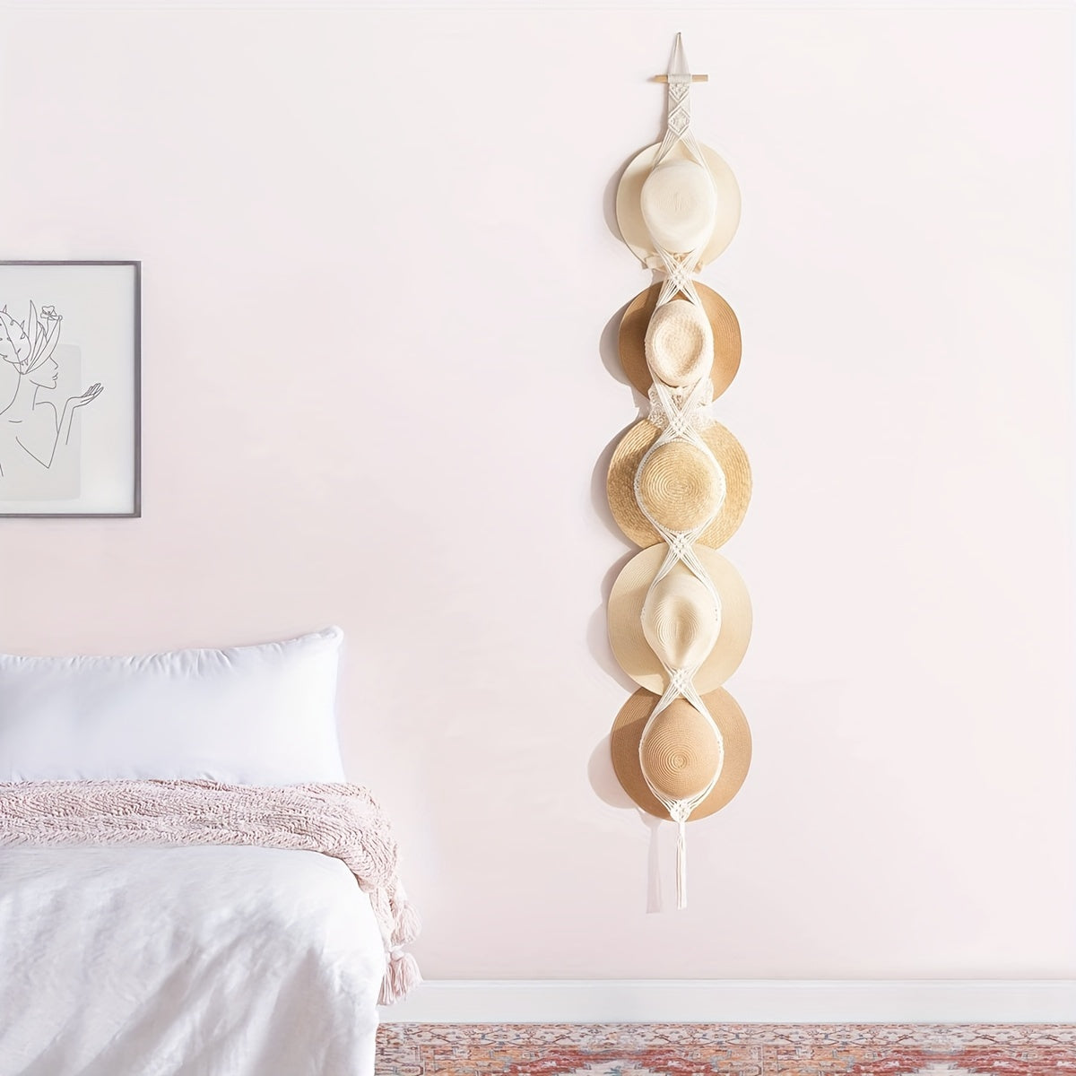 Bohemian style woven cotton rope hat storage rack with multi-layer hanging wall clips for storing hats and room decoration with tassels.