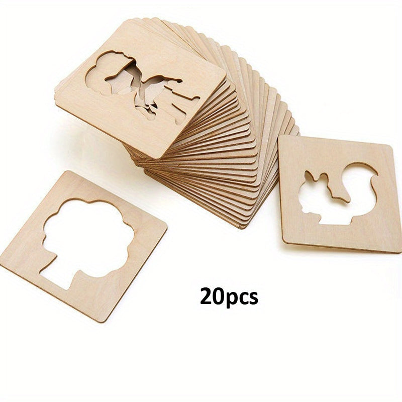 20 wooden stencils for drawing, reusable and in 20 different shapes, ideal for all seasons including winter and New Year. Craft kit for DIY arts and crafts.