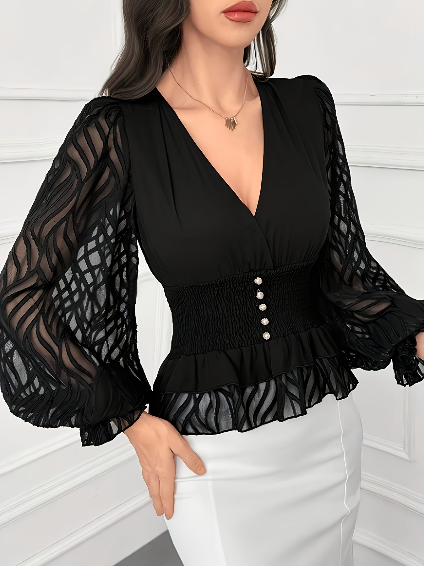 Elegant V-neck long sleeve shirt with ruched waist, solid color, polyester blouse for women.