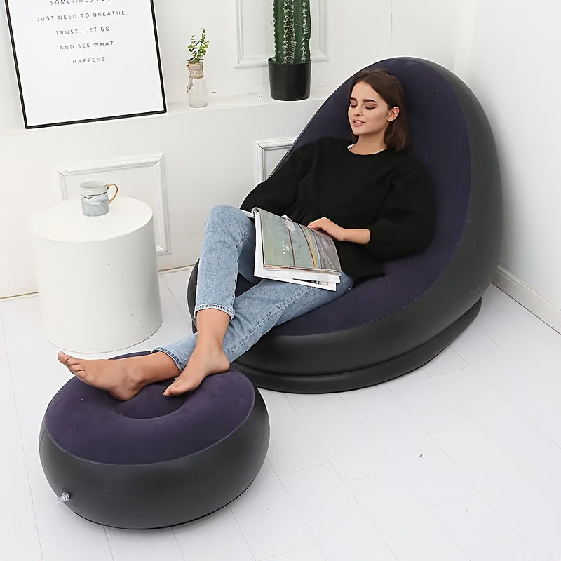 Inflate your relaxation with the 1pc Inflatable Lounge Chair with Footstool. This portable PVC Lazy Sofa Bed offers easy inflation and manual reclining for ultimate comfort. Perfect for indoor or outdoor use, this foldable chair comes with a detachable