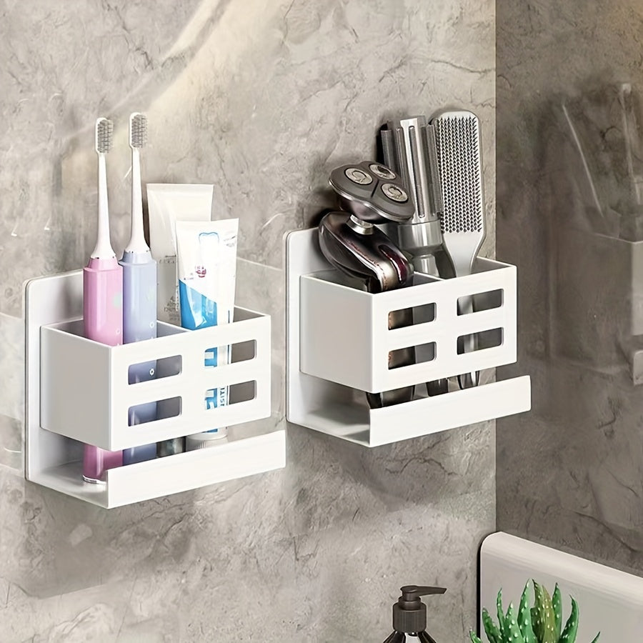 Wall-mounted storage rack with self-adhesive installation for organizing toothbrushes, toothpaste, and other accessories in kitchen, bathroom, living room, office, or shower.