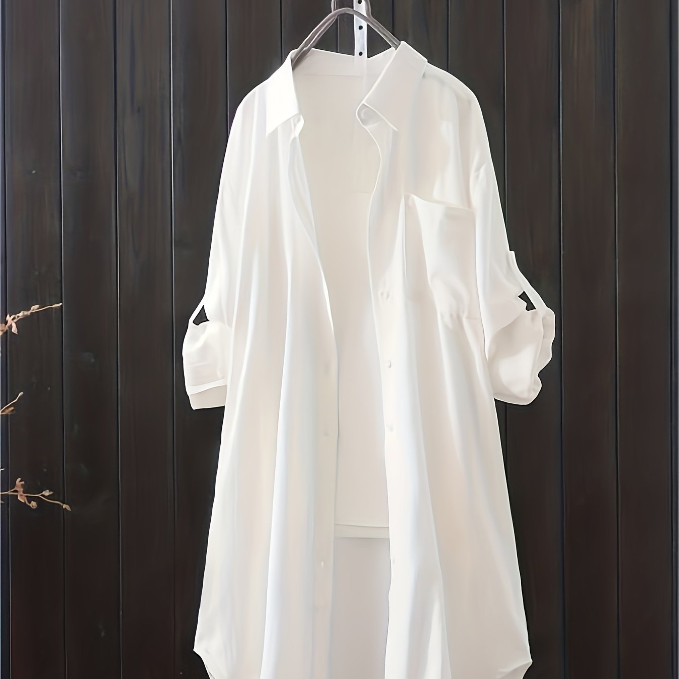 Women's casual oversized shirt with lapel collar, button detail, and solid color. Made of 95% polyester and 5% spandex blend. Non-stretch woven fabric suitable for all seasons. Plus size