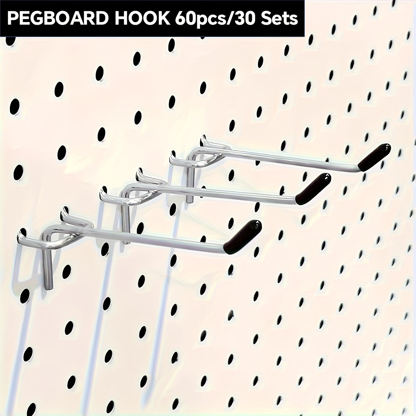 60 sets of heavy-duty stainless steel pegboard hooks for garage and office organization and tool storage.