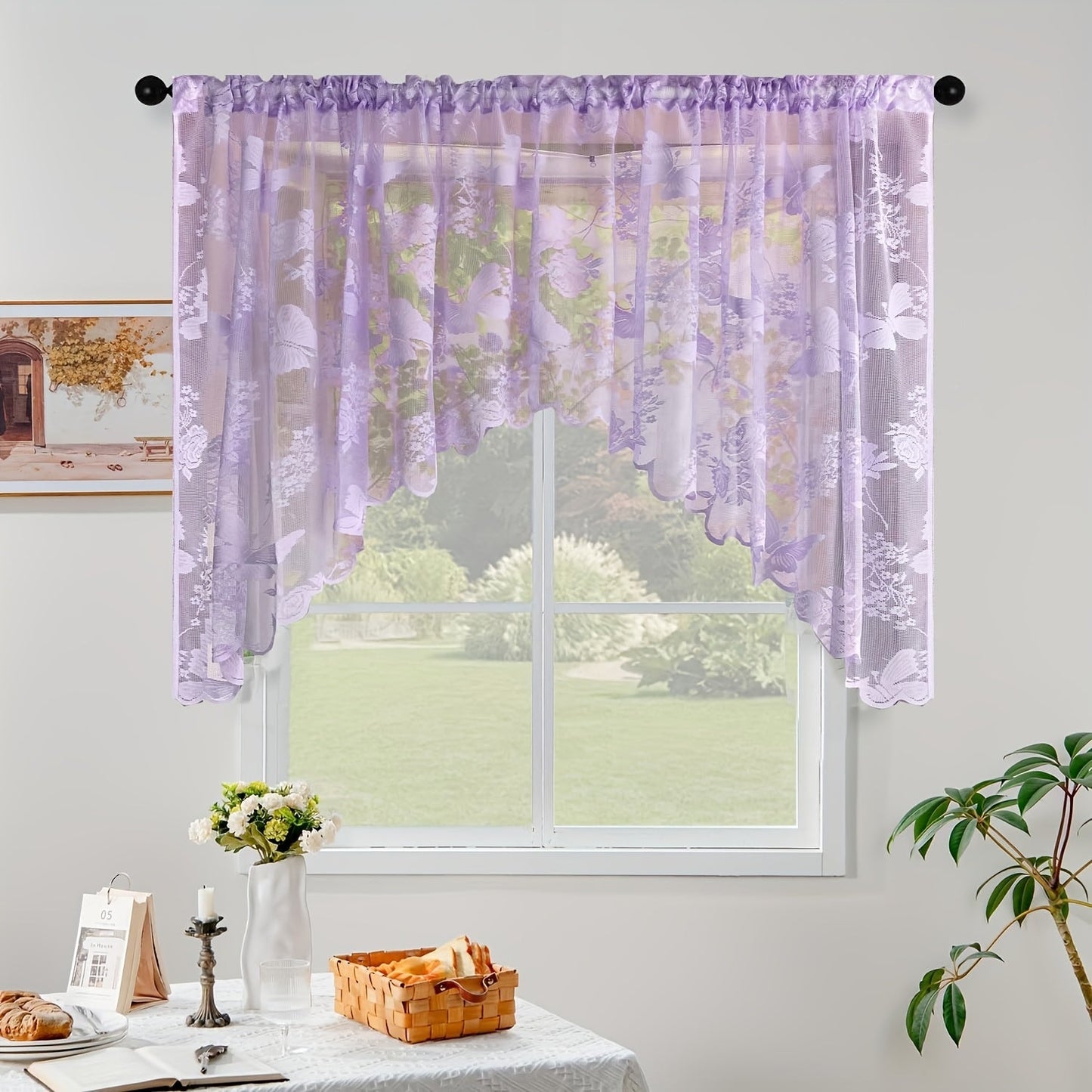 White/Blue/Purple Butterfly Flower Plant Pattern Sheer Curtain Tulle Valance with Lacework Tassel Design, Perfect for Kitchen Cafe or Bedroom. Rod Pocket Style for Easy Hanging in Bedroom, Living Room, or Home Decor.