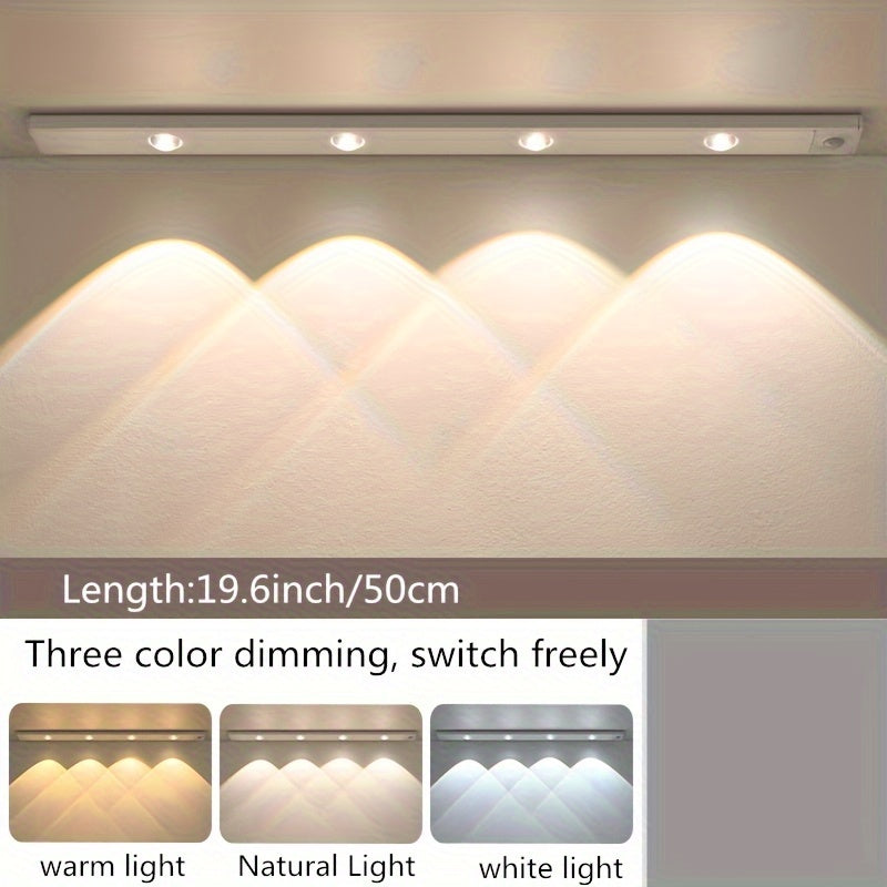 Wireless USB Rechargeable Motion Sensor LED Strip Light with 3 Color Dimming and Sunset Pattern - Ideal for Kitchen, Wardrobe, Cabinet, Bedroom - Ceiling or Wall Mount, Lithium Battery Powered.