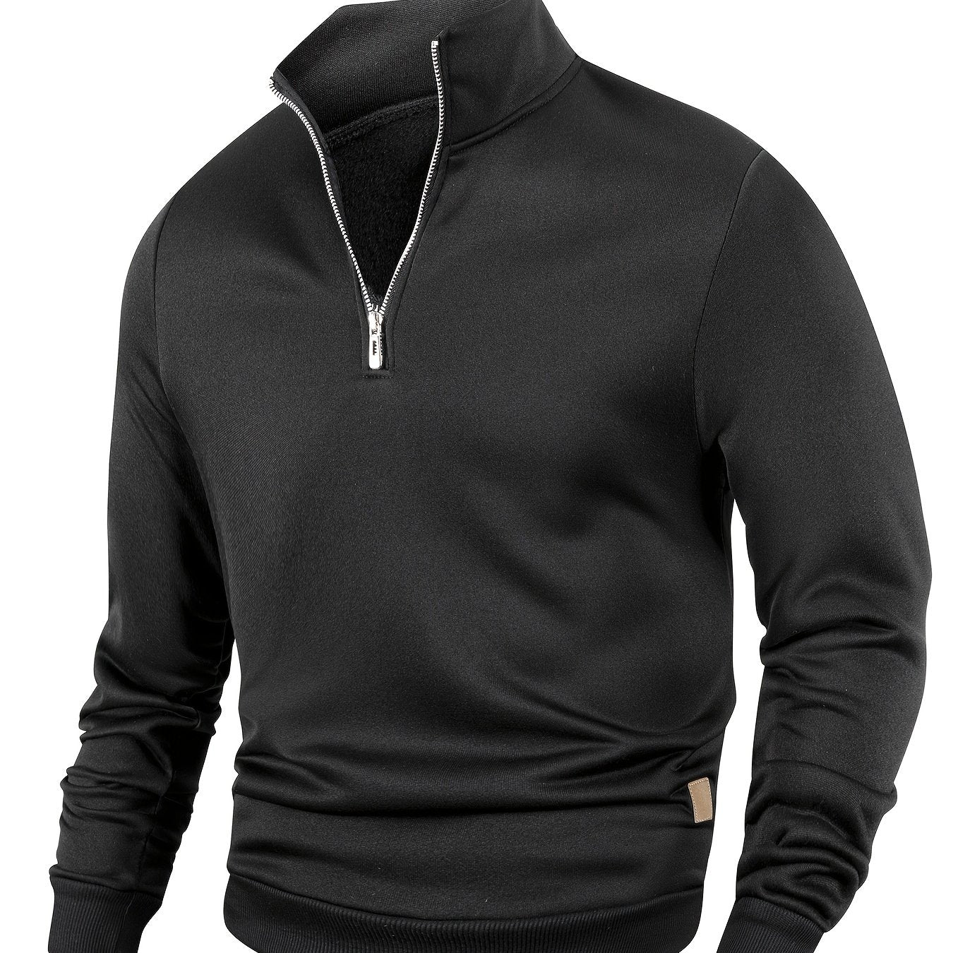 Men's casual half-zip pullover sweatshirt in solid color, made of 100% polyester knit fabric with a slight stretch. Features a stand collar, long sleeve, zipper detail, and regular fit.