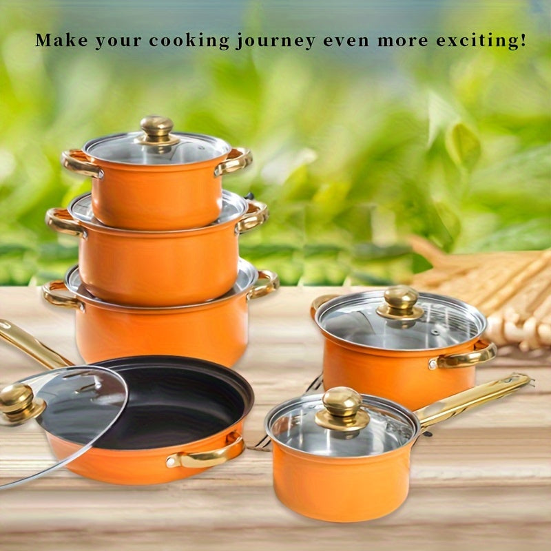 12-piece cookware set made of stainless steel with handles plated in gold. Features a non-stick coating, ideal for frying, steaming, and boiling.