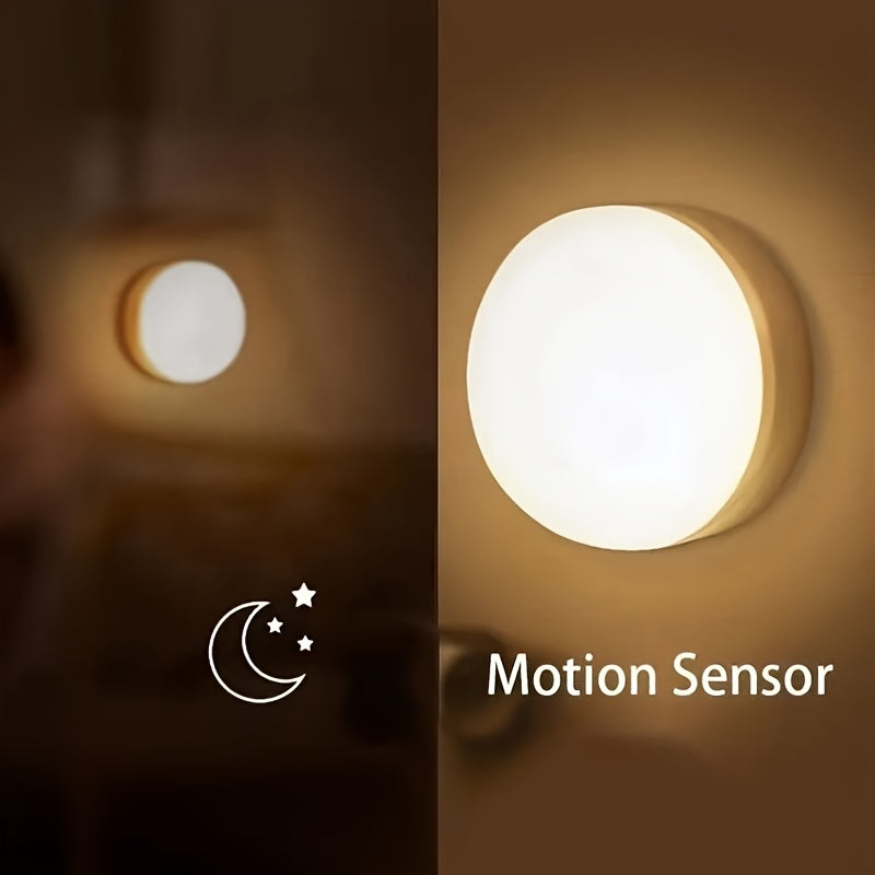 Adjustable LED motion sensor night lights with USB rechargeable battery for kitchen counters and stairs.