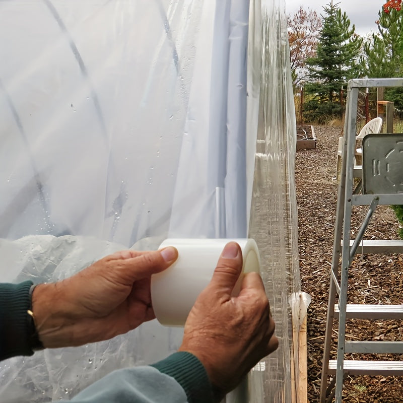 Greenhouse repair tape for agriculture and garden film, clear and UV resistant, with high strength adhesive for DIY repairs.