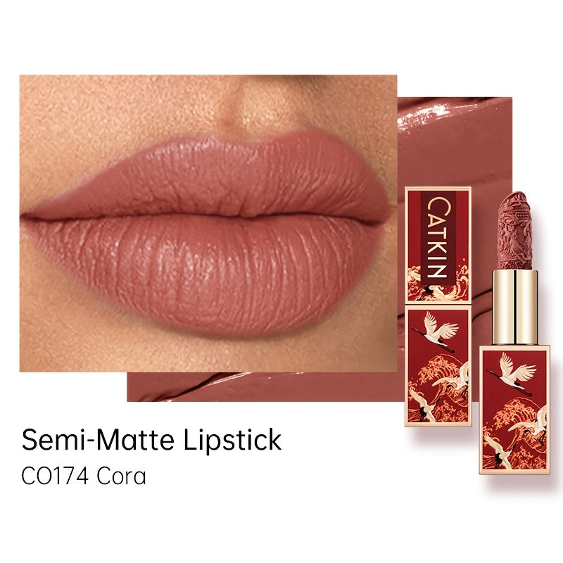 CATKIN Red Carving Matte Lipstick with Waterproof Long-Lasting Satin Finish for Smooth Red and Nude Lips.