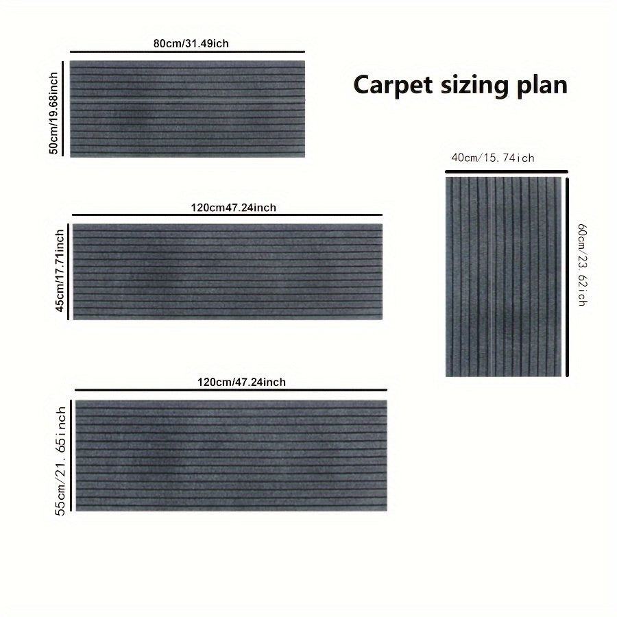 Household mat in gray stripes, designed to prevent slipping and repel dust and stains. Suitable for indoor, kitchen, and bedroom use. Can be cut to size with options available in various dimensions (101.6cm x 152.4cm, 127.0cm x 203.2cm, 114.3cm x 3.05m