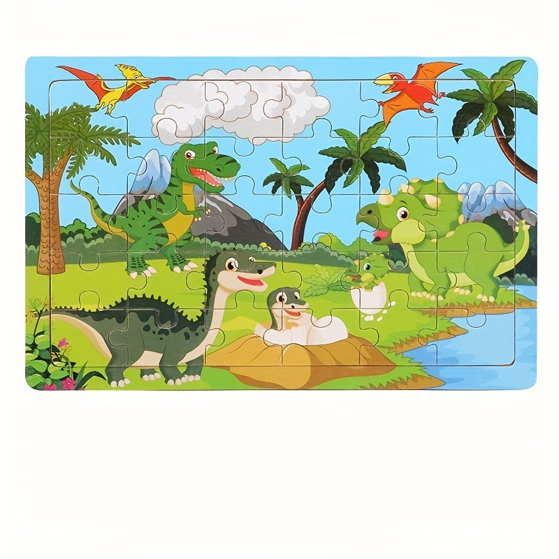 30-piece Wooden Dinosaur Puzzle for Kids - Educational Toy with Thick Bottom Map, Colorful Learning & Brain-Boosting Fun