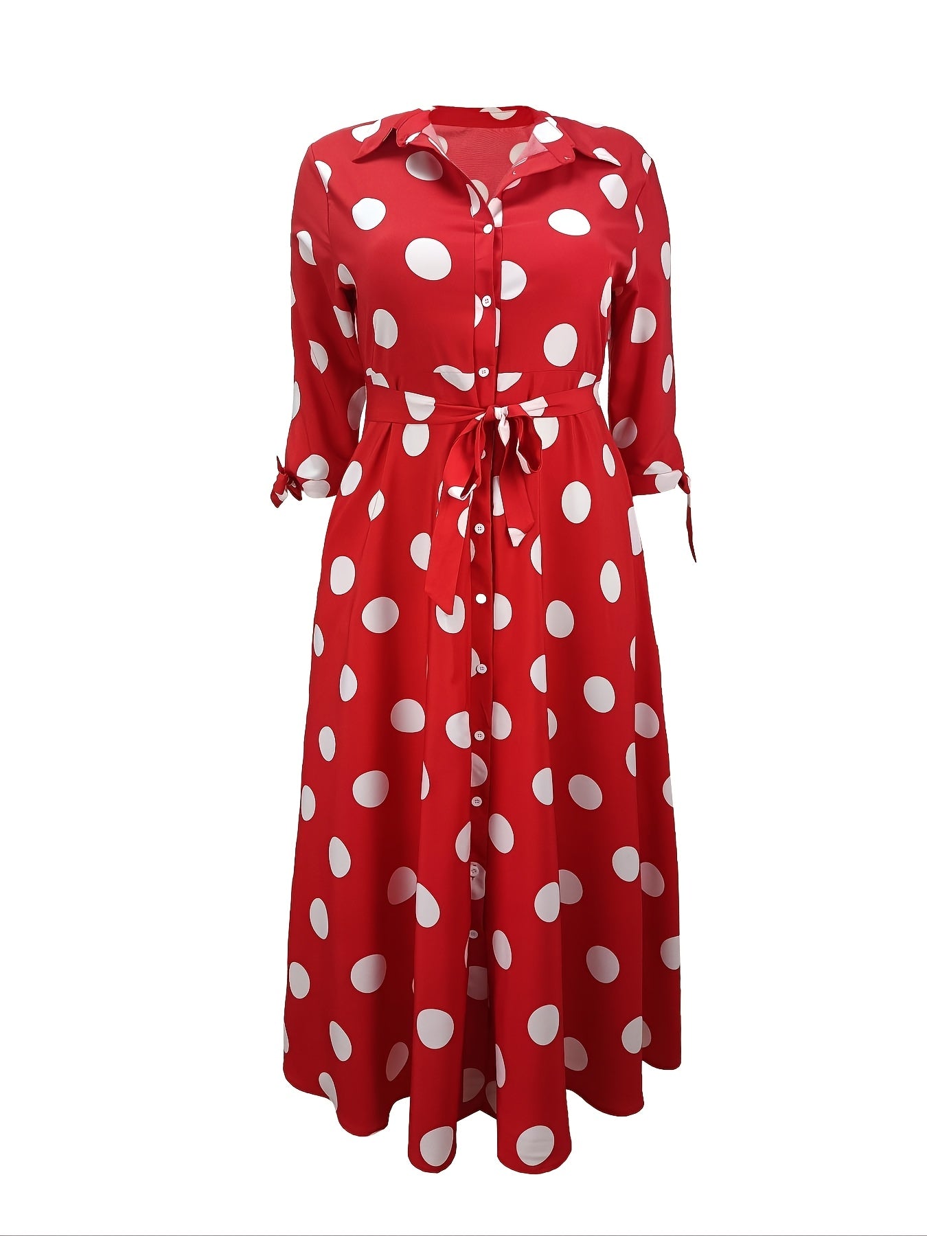 Women's plus size polka dot print maxi dress with collared button-up front and belted waist.