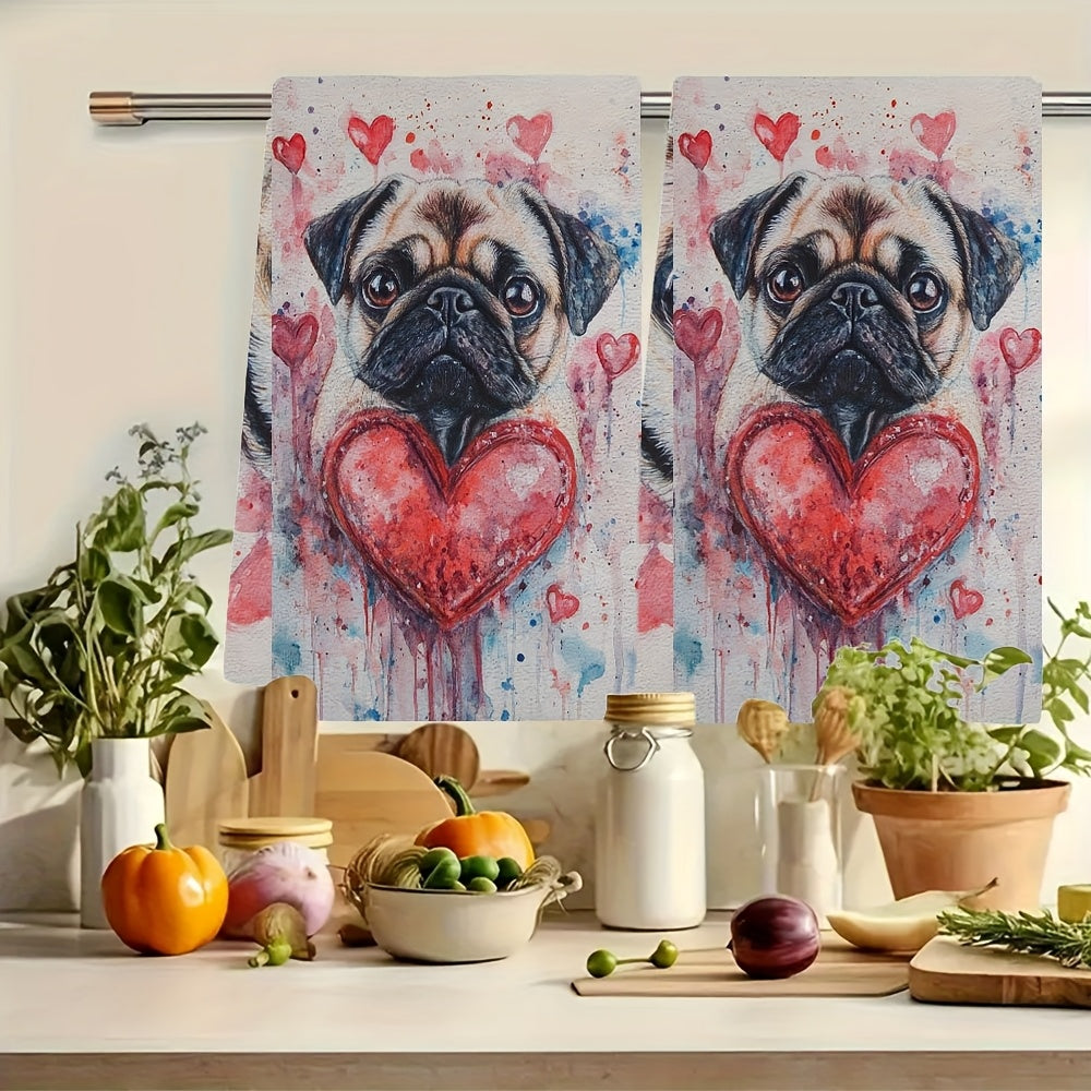 Set of 2 Ultra Plush Kitchen Towels - Adorable Valentine's Day Pug and Heart Pattern, Super Absorbent & Easy to Clean Dish Hand Towels, 16x24 inches, Ideal for Festive Home Decor and Drying Dishes